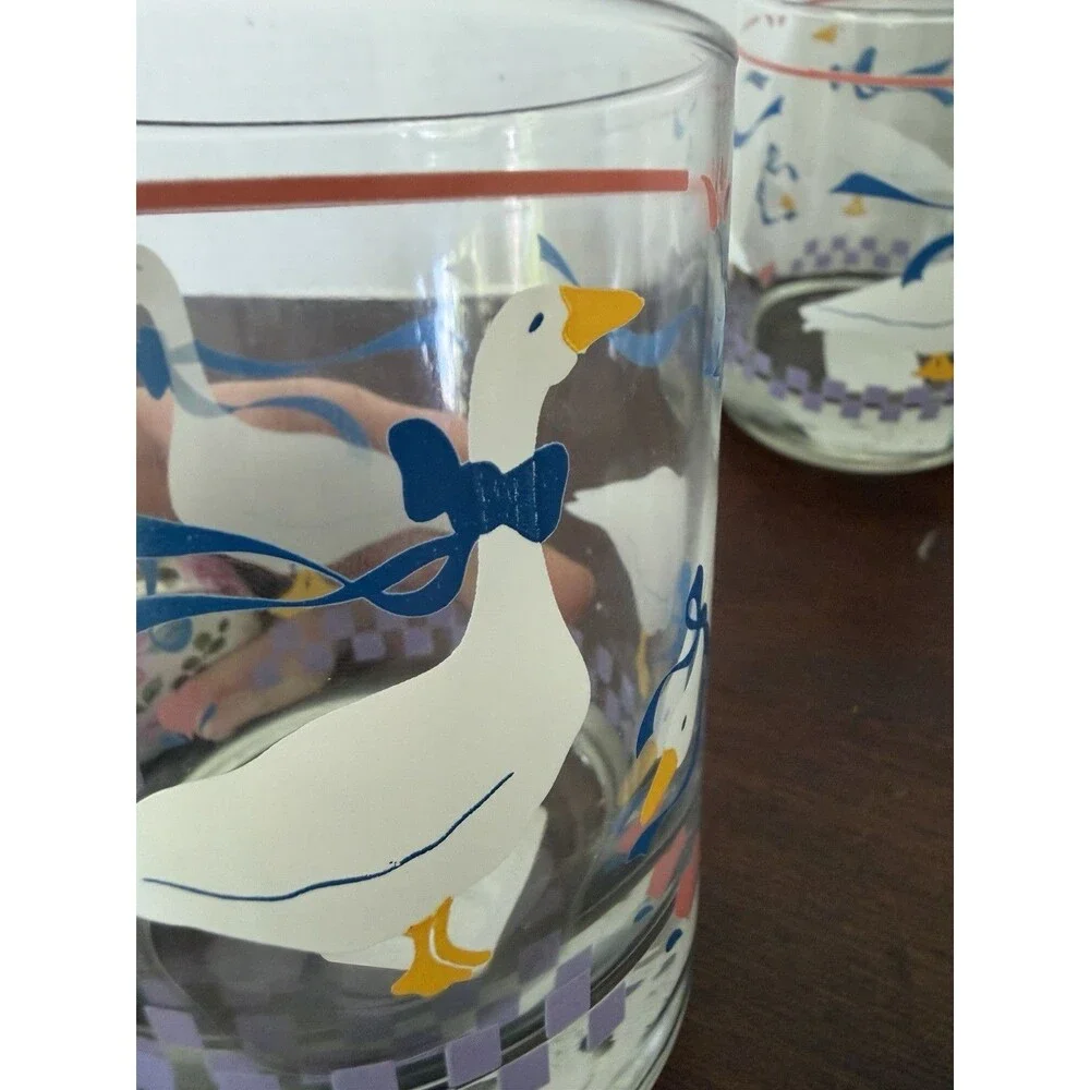 2 Vintage Libbey Country Geese Pink Heart Drinking Glasses Clear Blue Ribbons